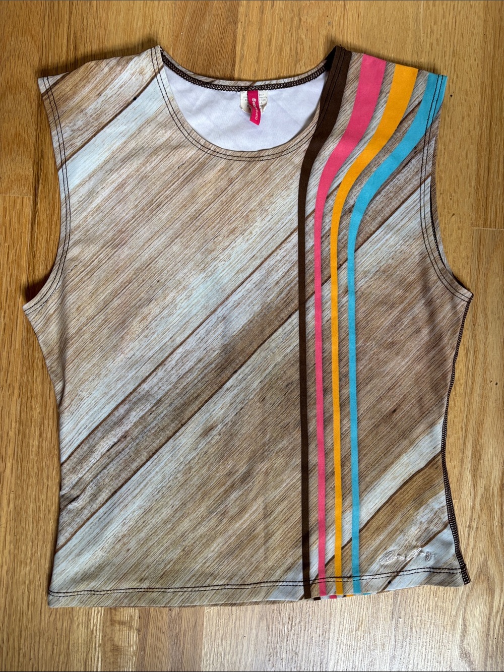 Vintage Aaron Chang Wood-Print Swim Rash guard Tank Cover up with Stripes M